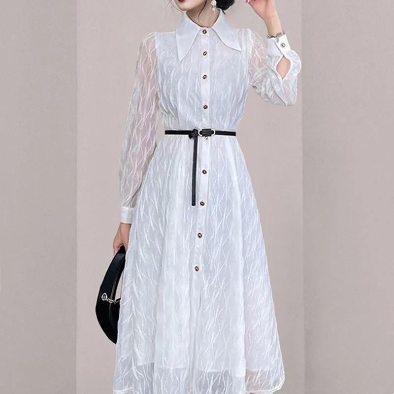 

New Elegant Spring Fashion Turn-Down Collar Long Sleeve Single Breasted Feather Tassel Print Patchwork High Waist Dress Women