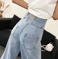 2021 summer high waist women baggy jeans beautiful cross hollow back wide leg jeans straight leg denim pants for girls