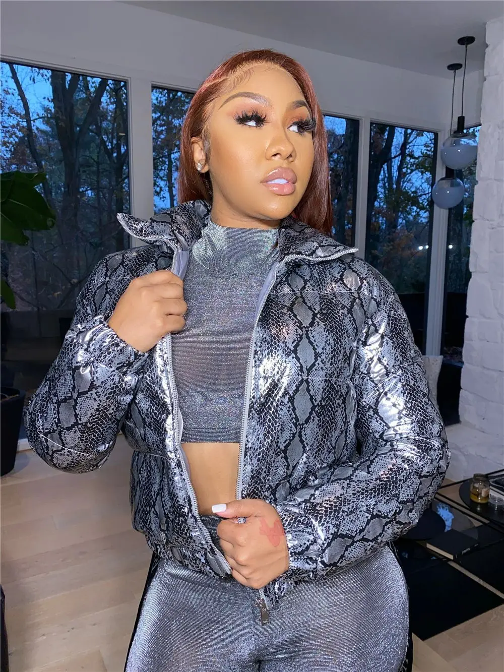 

Echoine Winter Warm Snake Skin Print Puffer Jacket Winter Bubble Coats Shiny Leather Parkas Down Zipper Cropped Jackets Parkas