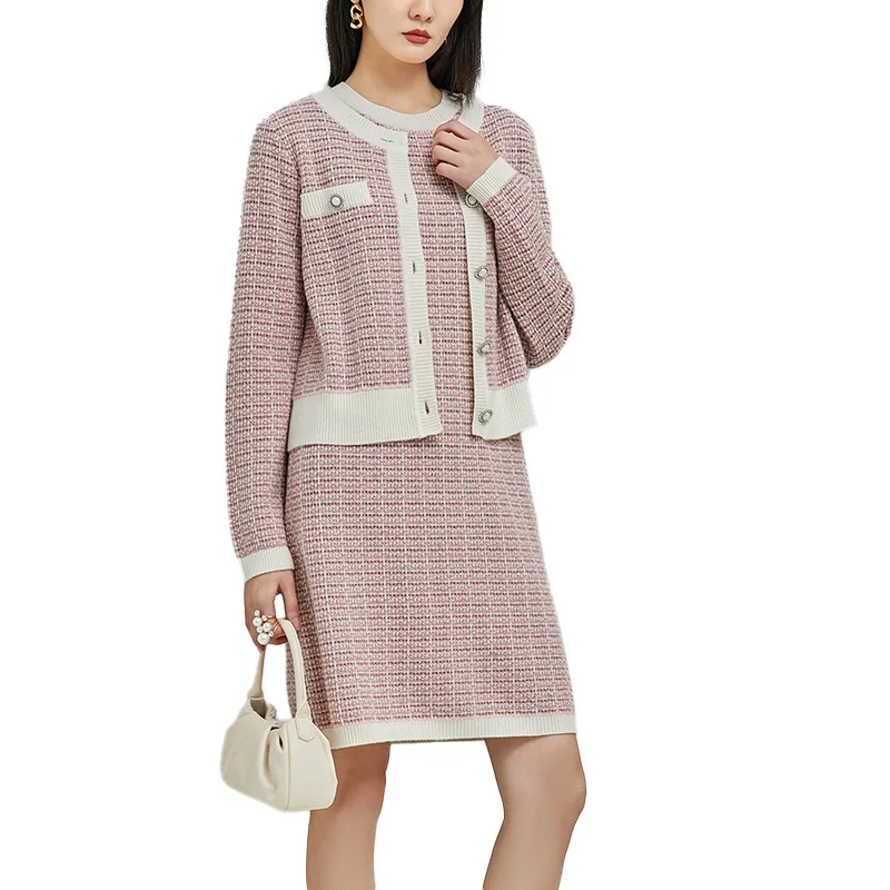 

Knitting Cardigan Sweater + Dresses Women's Sets Autumn 2021 New Sweet Quality 100% Sheep Wool Temperament Chic Two-Piece Suit