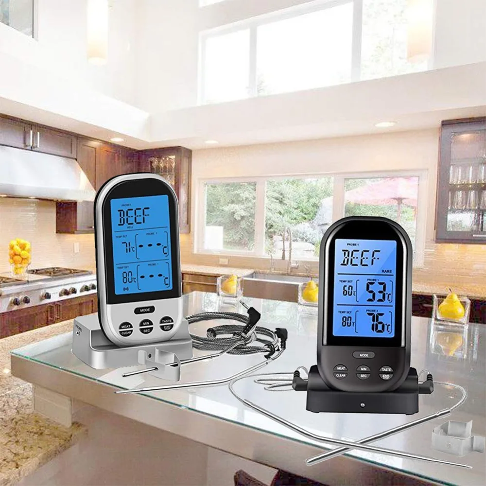 Wireless Barbecue Thermometer Long Range Digital Smoker Meat Thermometer With Dual Probe for BBQ, Oven, Smoker, Grill