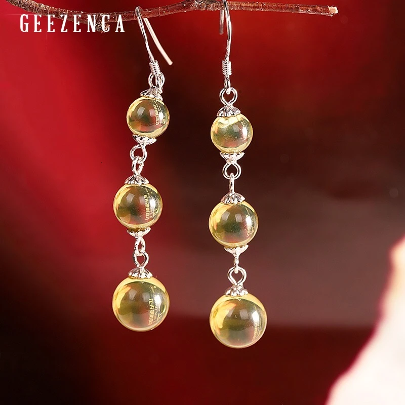 Женские серьги подвески из серебра 925 пробы с голубым и янтарным