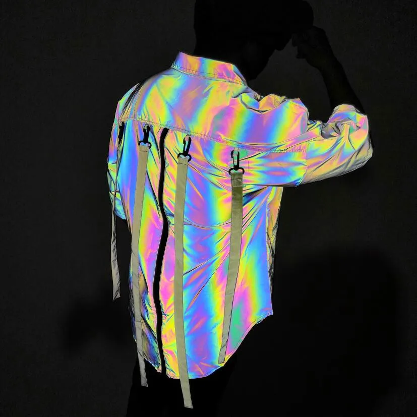 

Dropshipping men colorful reflective hip hop long shirts detachable ribbons blouse man oversized short sleeve punk zipper shirt