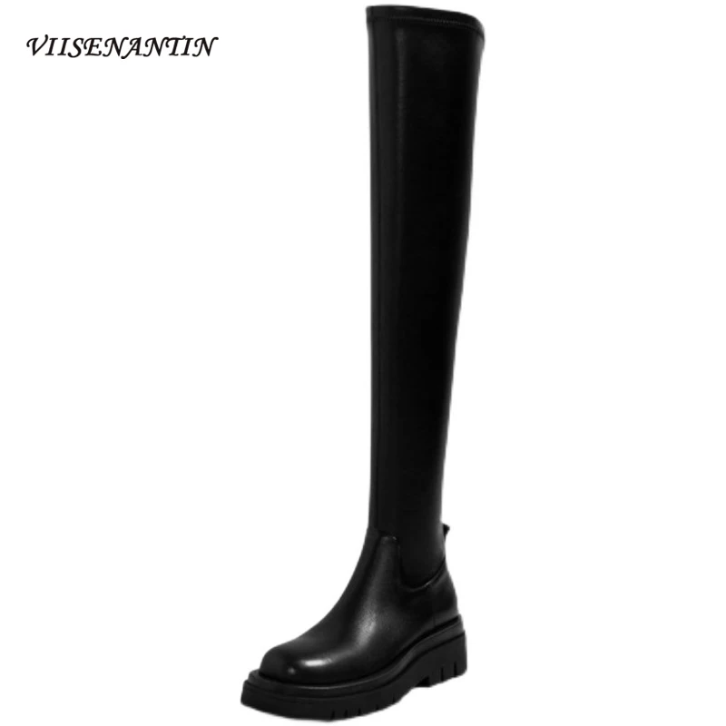 

Autumn New Style Cowhide Round-toe Over-the-knee Boots Knight Boots Thick-heeled Flat-bottomed Stretch Tall Thin Skinny Boots