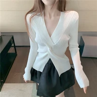 women autumn crossover v neck sweater tops long sleeve winter elegant knitted t shirt office fashion vintage korean blouse