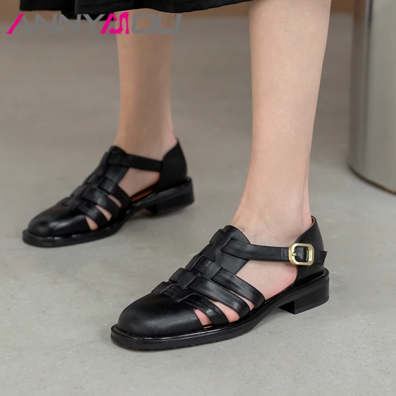 

ANNYMOLI Gladiator Sandals Women Genuine Leather Shoes Low Heel Square Toe Ladies Sandals Rome Cow Leather Footwear Summer Black