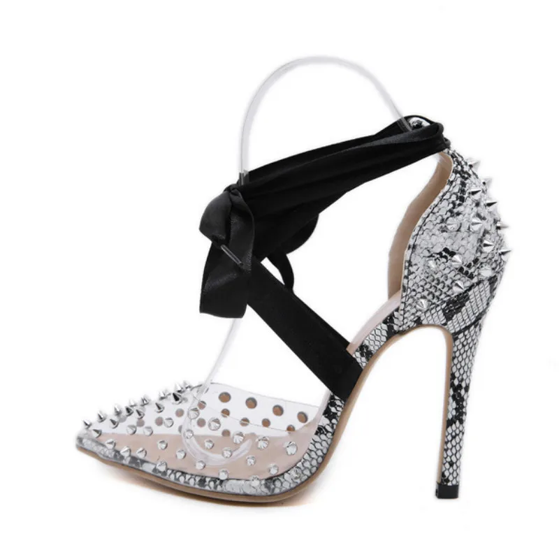 

Women Sandals Summer Ladies Pumps Shoes New Fashion Rivet Lace-Up Thin Heels 12cm High Heels Party Sexy Club Work Female Sandals