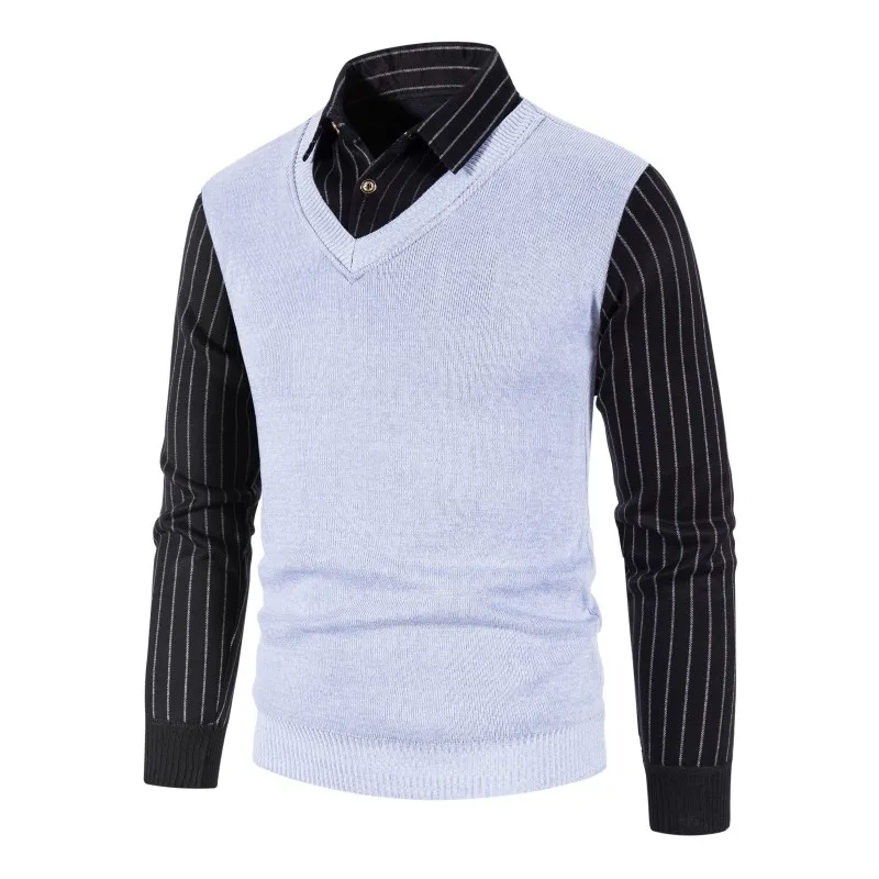 2021 Autumn Winter High Quality Men's Patchwork Striped Pullover Loose Fleece Warm Long Sleeve Men's Sweater