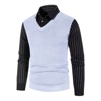 2021 autumn winter high quality mens patchwork striped pullover loose fleece warm long sleeve mens sweater