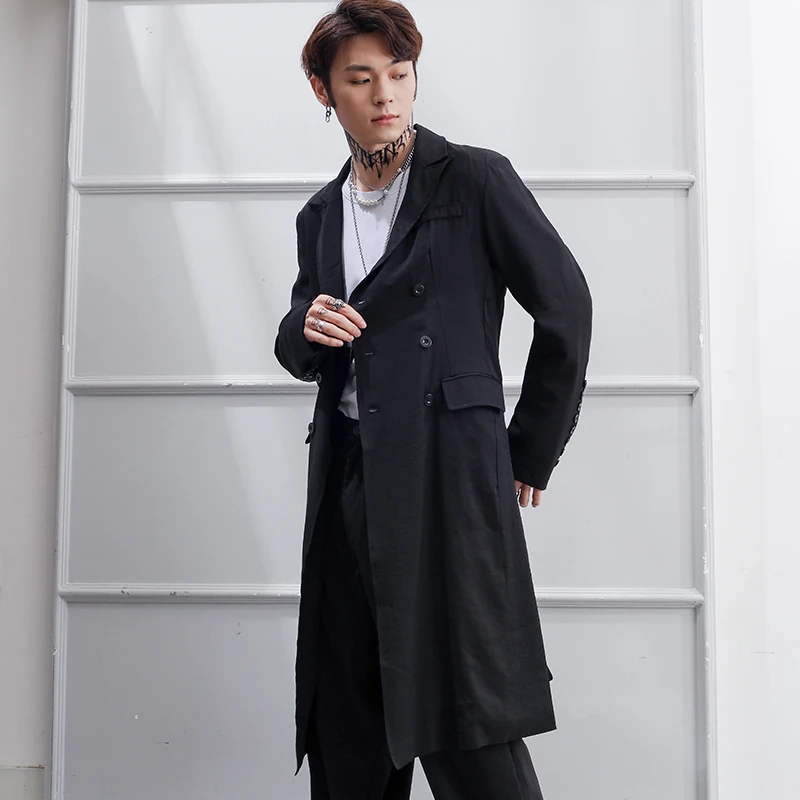 

Trench Coat Men New Black Double-breasted Mid-length Windbreaker Suit Collar Yamamoto Wind Slim Korean 2021 Spring Clothing