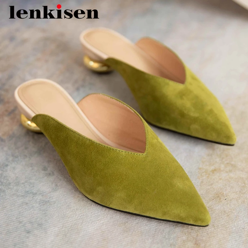 

Lenkisen spring new sheep suede mules outside slipper pointed toe slingback med heel slip on beauty girls dress brand shoes L8f2