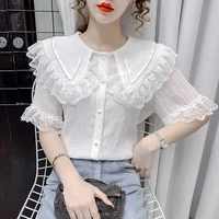lace korean version button stitching white short sleeved shirt blouse female woman tops camisas mujer blusas ruffle shirts 901a
