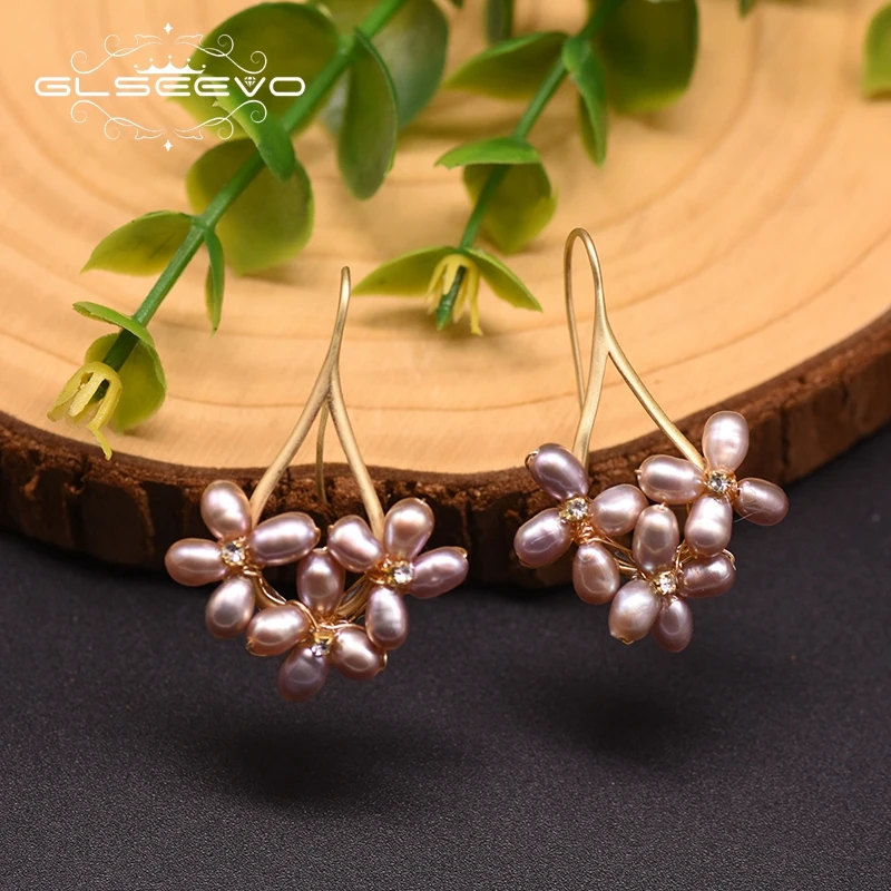 

GLSEEVO Original Design Nautral Fresh Water Purple Pearl Flower Earrings For Women Engagement Fine Jewelry pendientes GE0546B