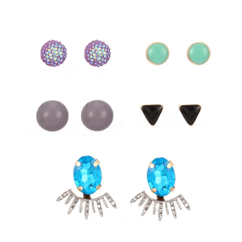 

5Set/Pair Fashion Geometric Round Resin Stud Earrings Blue Color Crystal Alloy Stud Earrings For Women Birthday Gift Jewelry