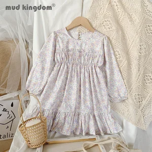 Mudkingdom Floral Dress Girls Cute Ruffles Crew Neck Long Puff Sleeve Button Casual Little Girl Dresses for Kids Spring Autumn