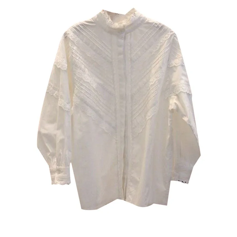 

IEQJ Women Blouse New Stand Collar Patchwork Lace Pleated White Long Sleeve Loose Fit Shirt Fashion Sweet Summer 2021 WR090