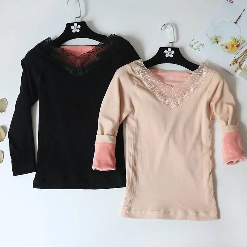 New Autumn Winter Women Thermal Underwear Female Plus Velvet Warm Thicken Body Shapped Slim Bottoming Top S21 |