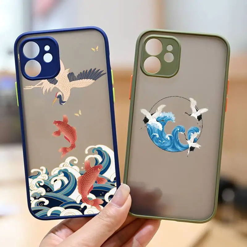 

Crane and Koi Chinese style Phone Case matte transparent For Clear Funda sapphire iPhone 7 8 x xs xr 11 12 pro plus max mini