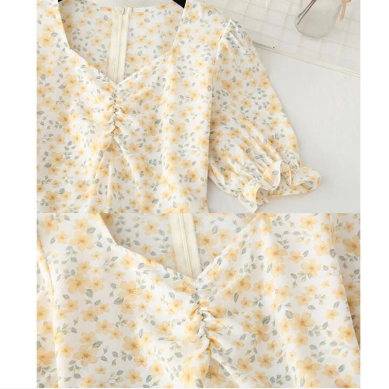 

Elegant Slim Long Chiffon Women Dresses Floral Print Sweet V-neck Split Puff sleeve Vestidos New French Vintage Summer Dress