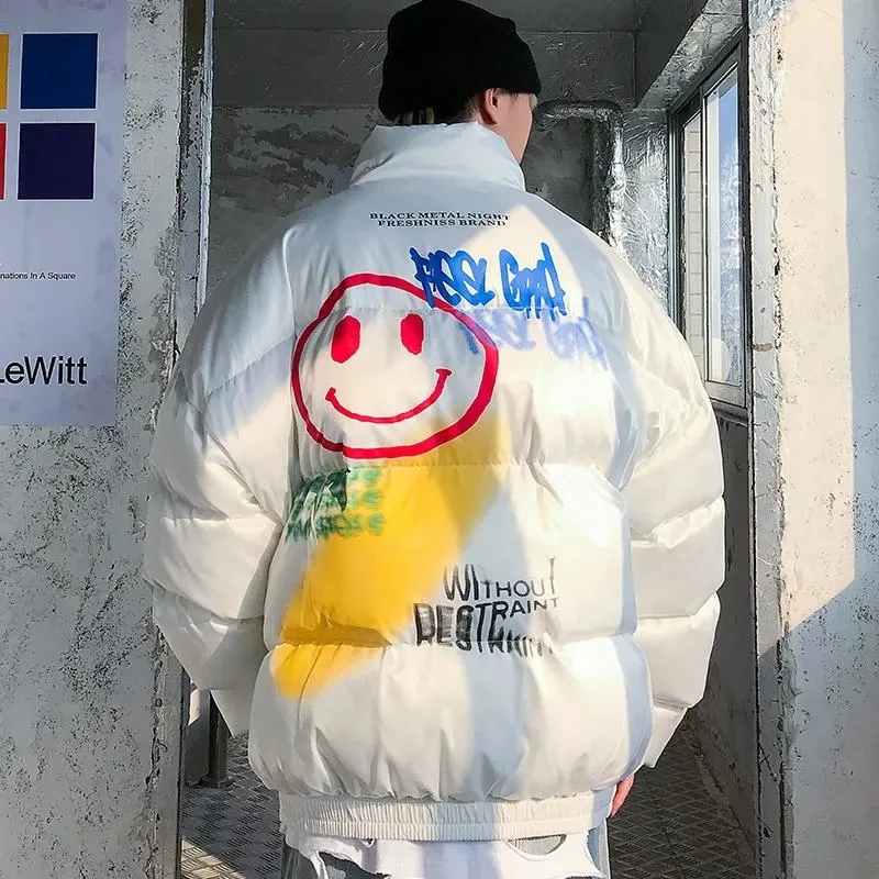 Hip Hop Happy Graffiti Print Bubble Parkas Men Harajuku Windbreaker Streetwear Jacket Winter Oversized Jacket Coats Warm Outwear