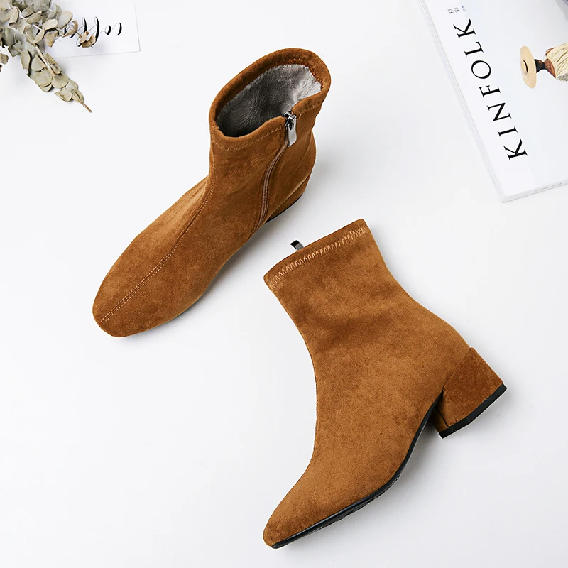 Sgesvier Women's Boots Pointed Toe Yarn Elastic Ankle Thick Heel High Heels Shoes Woman Female Socks 2020 Spring | Обувь