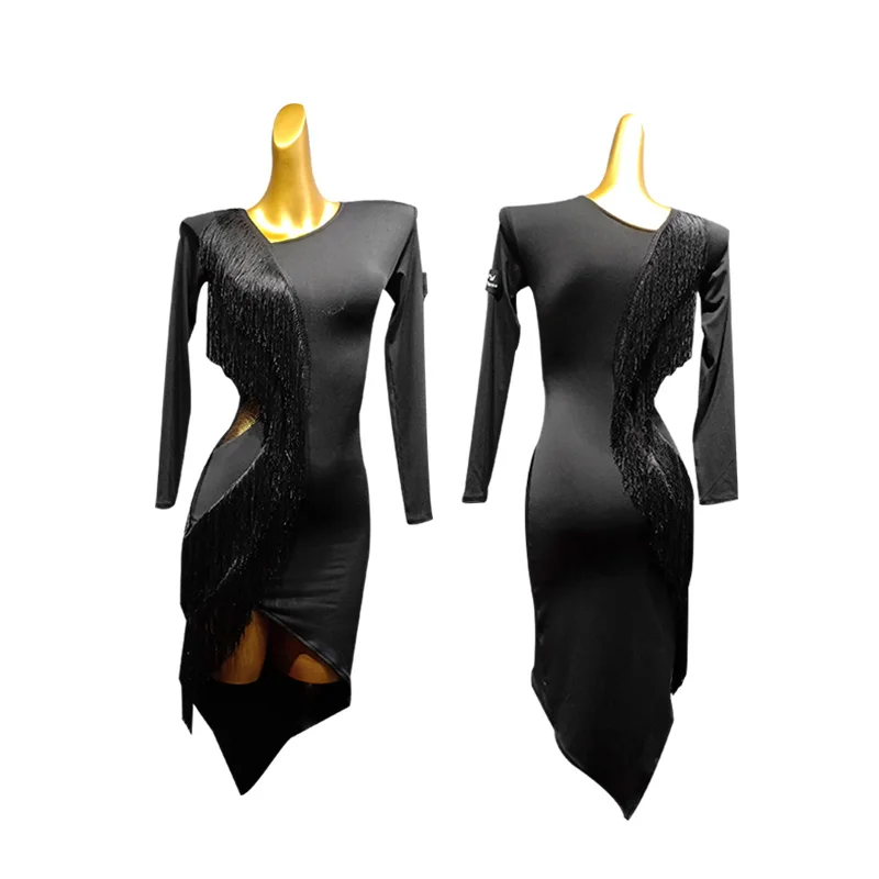 

Latin Dance Dress Long Sleeve Irregular Tassel Dresses Women Performance Clothes Rumba Tango Salsa Cha Cha Practice Wear DN4297