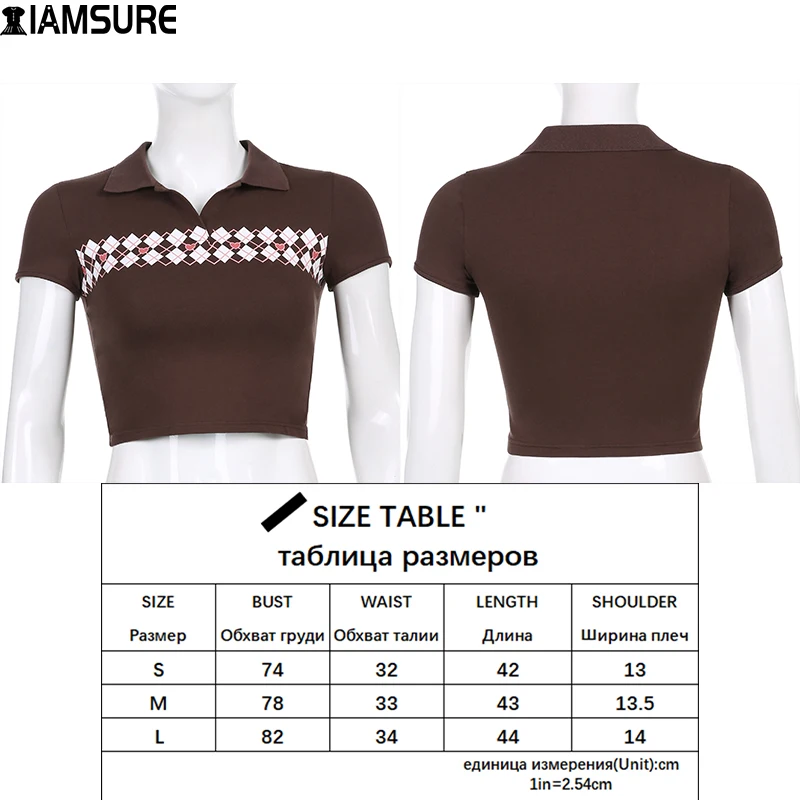 

IAMSURE Plaid Printed T Shirt Women Preppy Style Turn-Down Collar Crop Top Basic Short Sleeve Tees 2021 Summer Casual Streetwear