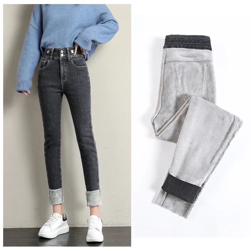 

2022 женские эластичные джинсы с высокой талией, Женская Студенческая одежда, Зимние теплые плюшевые джинсовые брюки-скинни большого размера...