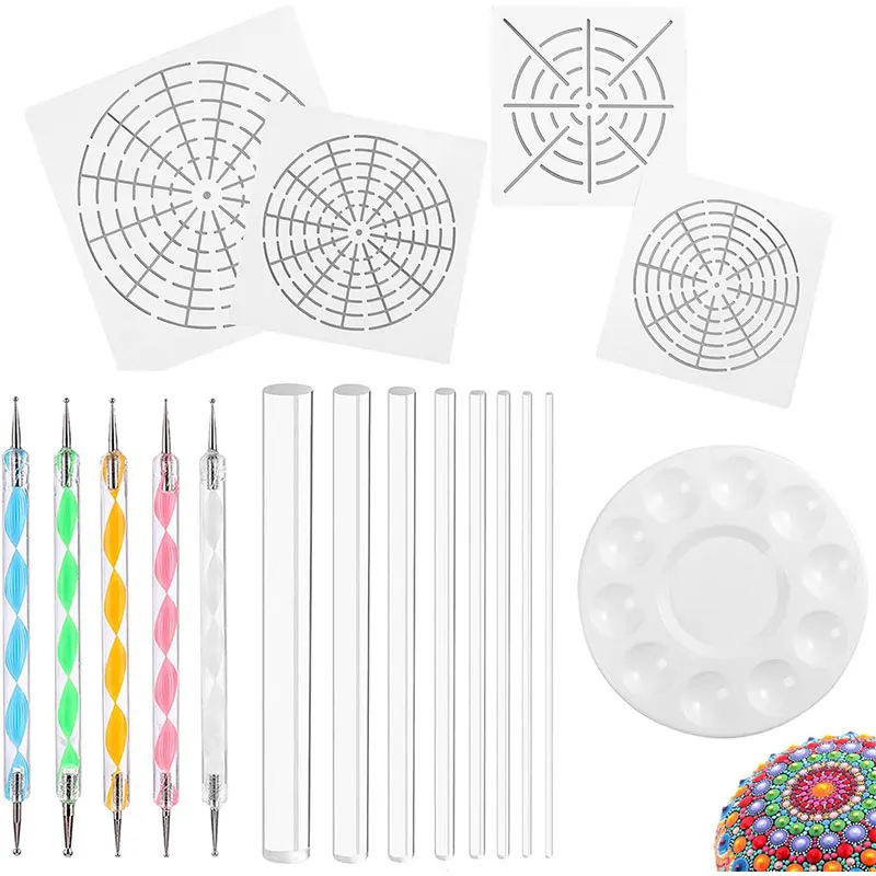 Mandala Art Dotting Tools 18 Set Including 4 Stencils 8 Acrylic Rods Paint Tray 5 Double Sided | Дом и сад