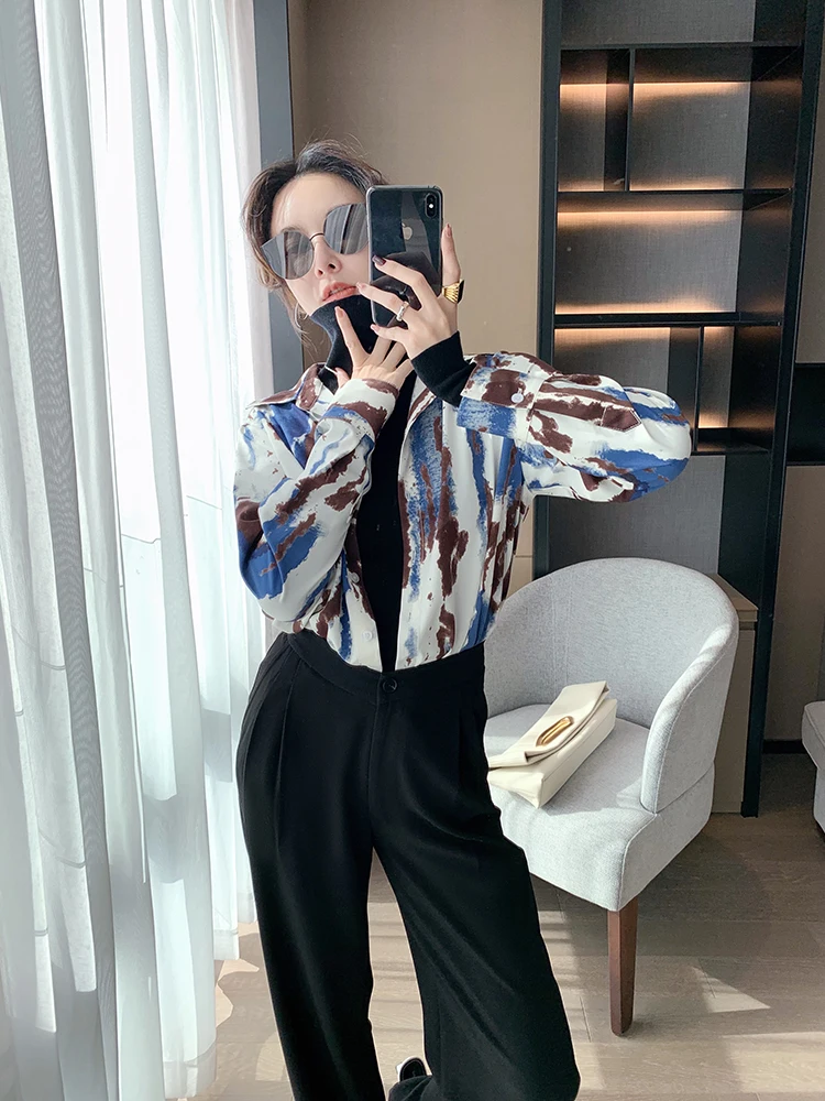 

Chiffon Women's Blouses Casual Shirts New Korean Shirt Print Long Sleeve Top Fashion Blouse Loose Tops Breasted Houthion