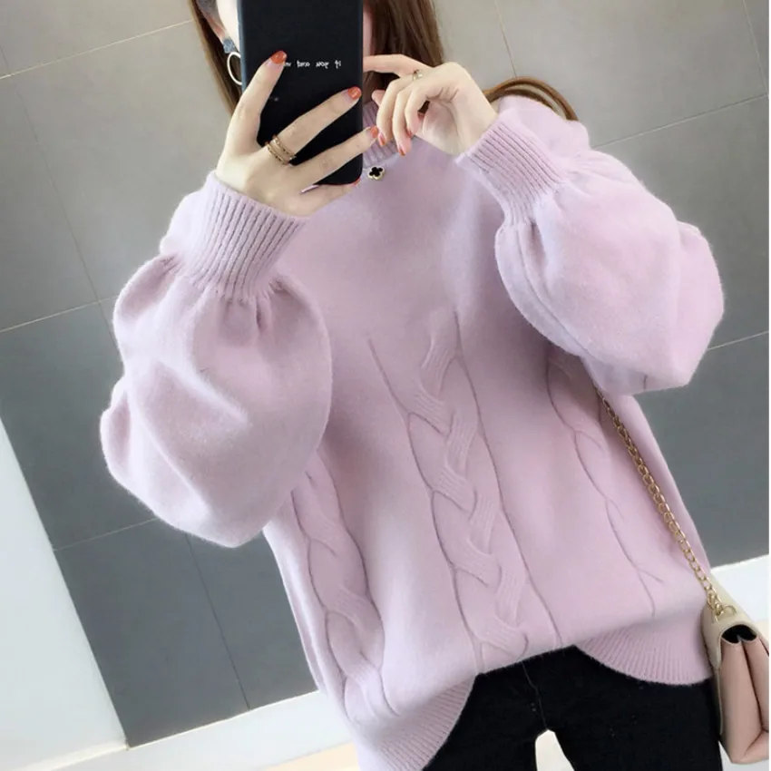 

0.6 New Arrival Thick Winter Knitted Women Sweater Pink Half Turtleneck Solid Color Loose Pullover Korea