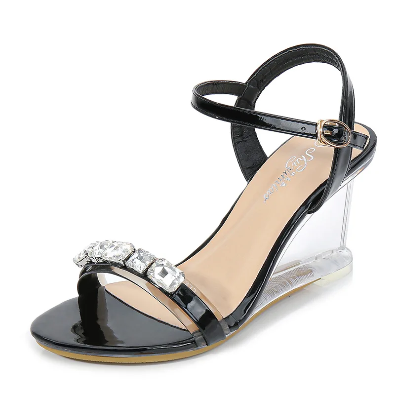 

Rhinestone Wild Wedge Sandals Women New Sexy Crystal Transparent High Heels Womens Wedge Sandals Plus Size 34-43