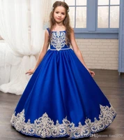 vintage royal blue satin flower girls dresses white lace applique princess ball gowns birthday party dresses custom pageant gown