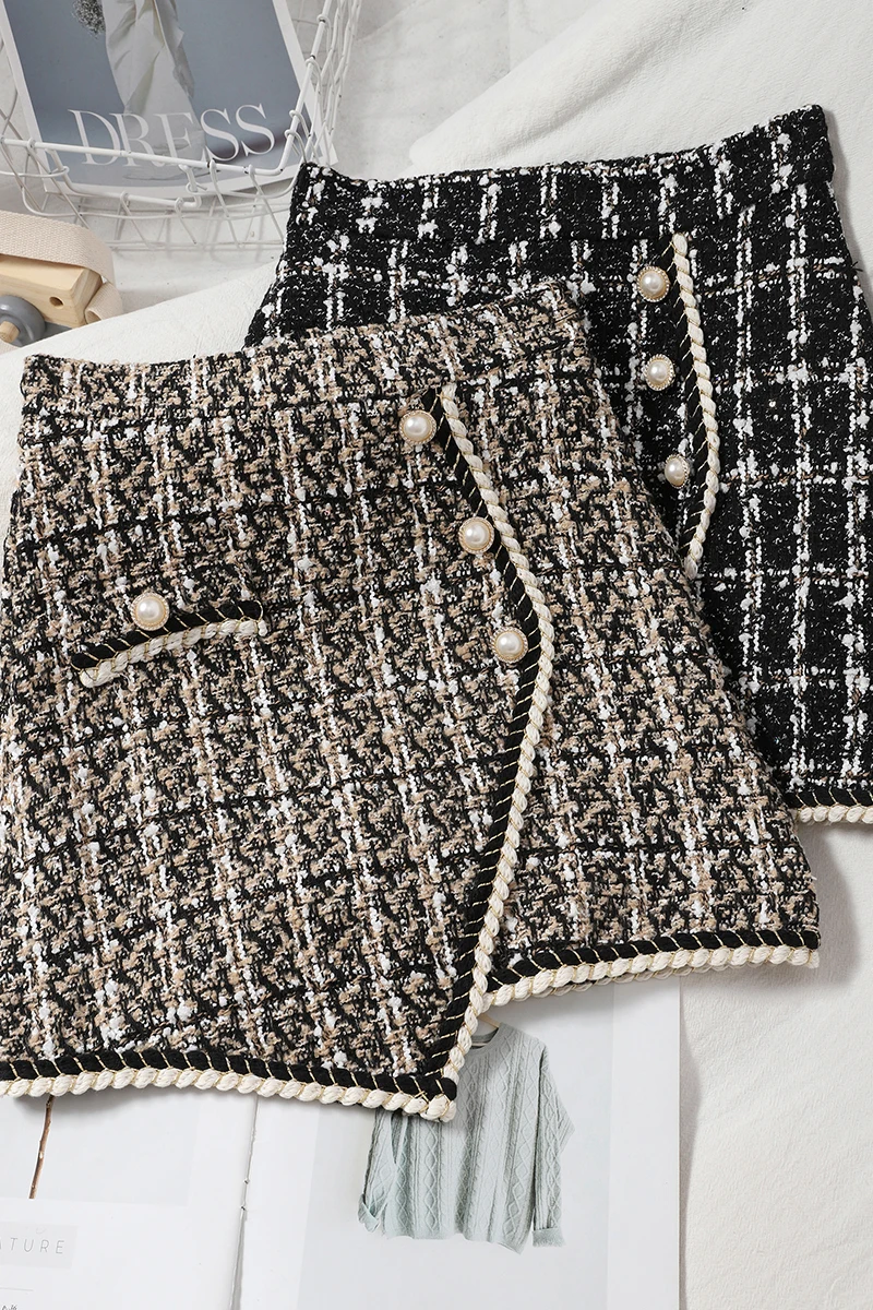 

contrast color edge breasted irregular temperament half skirt women show thin coarse tweed check hip skirt fashion