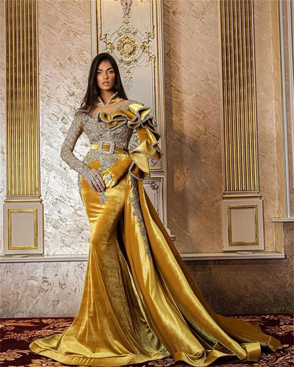 

2022 For Woman Gold Luxury Belt Long Sleeve Formal Prom Dress Ruched Crystal Velvet Floral Print Mermaid Evening Gowens