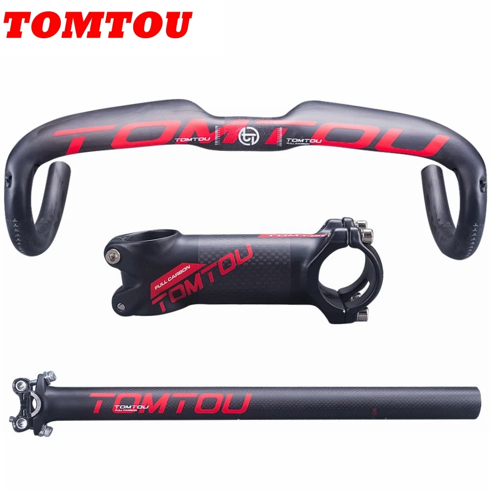 

TOMTOU Matte Red Cycling Road Bicycle Bent Bars Carbon Fiber Bike Handlebars Sets Handlebar + Seatpost + Stem - TH8T49