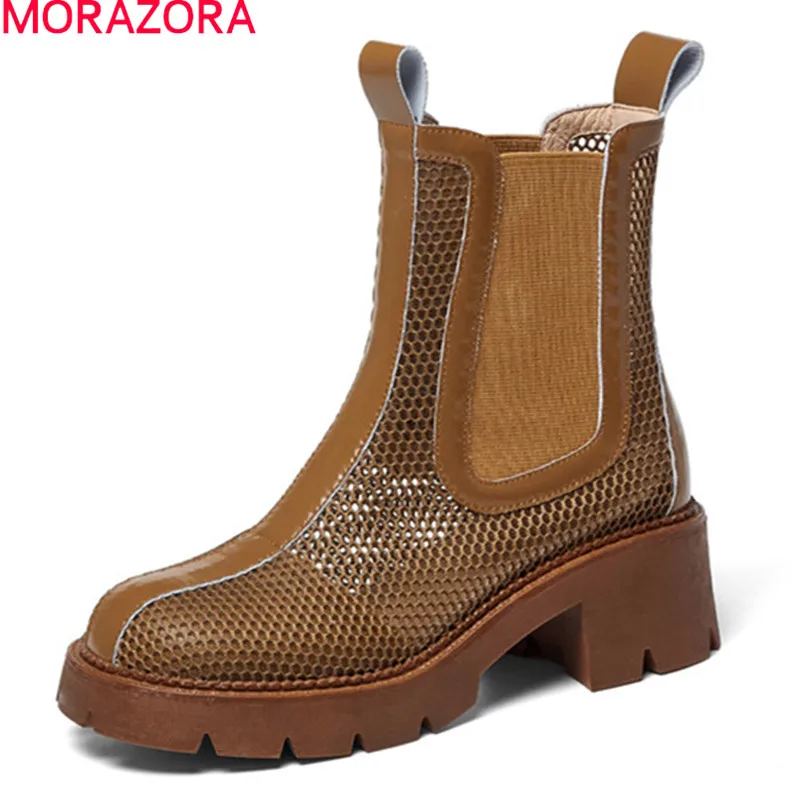 

MORAZORA 2021 New Arrival Women Boots Genuine Leather Breathable Summer Boots Square Heels 2 Colors Ankle Boots Casual Shoes