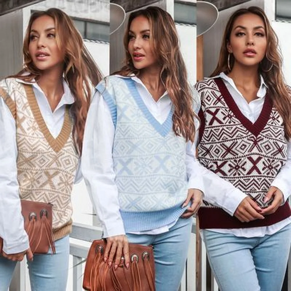 

Za Women's Clothes Autumn/Winter 2021 V-neck Sleeveless Casual Knitted Sweate Vest Pattern Print Christmas Jacket Y2k Pullover