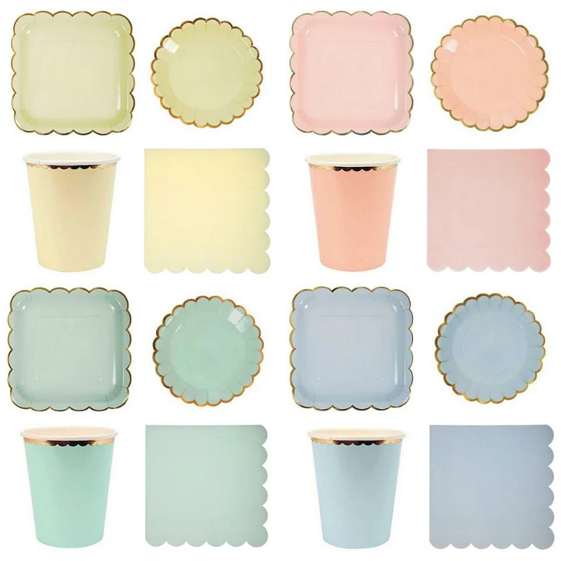 

Pastel Pink Yellow Blue Mint Gold Foil Paper Tableware Party Napkins Paper Plates Cups Wedding Shower Shabby Chic Party Supply
