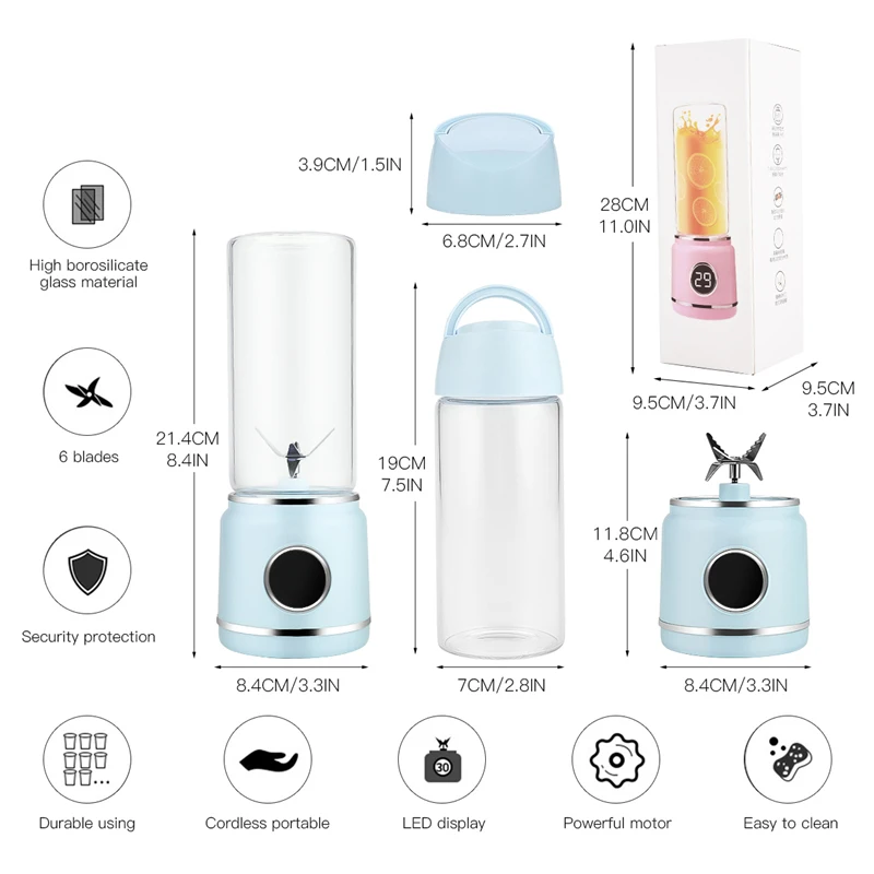 

420ml Portable Blenders 304 stainless steel six leaf blade 16000 revolutions per minute USB Electric Blenders Kitchen Appliances