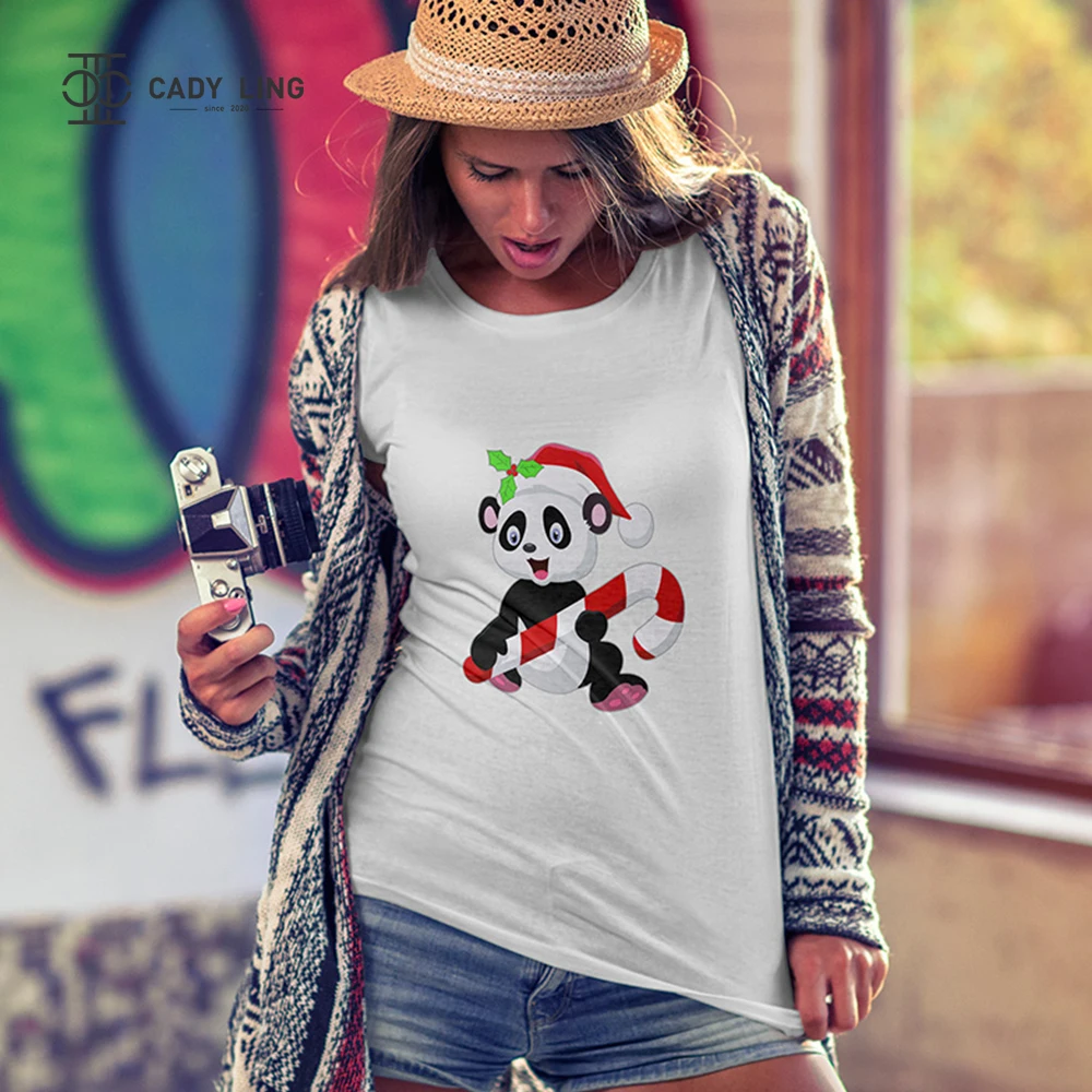 

2021 Christmas panda t shirt print women Christmas harajuku short sleeve t-shirt White clothes female T-shirt Tops