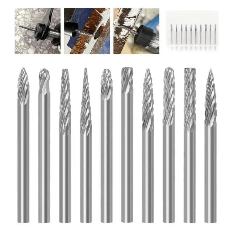 

10PCS Rotary Burrs Drill Bits 3mm Tungsten Carbide Milling Cutters Diamond Burr Bits Drill For Engraving Carving Rotary Tool