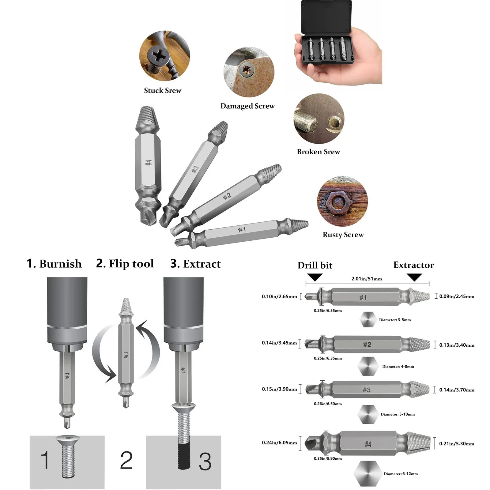 

4Pcs Screw Extractor Kit Guide Broken Damaged Bolt Remover Drill Bits hot