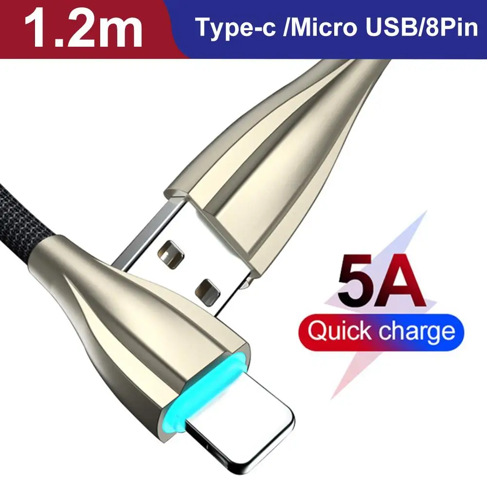 Микро USB 8Pin Type C 5A дышащий светлый кабель для быстрой зарядки шнур передачи данных