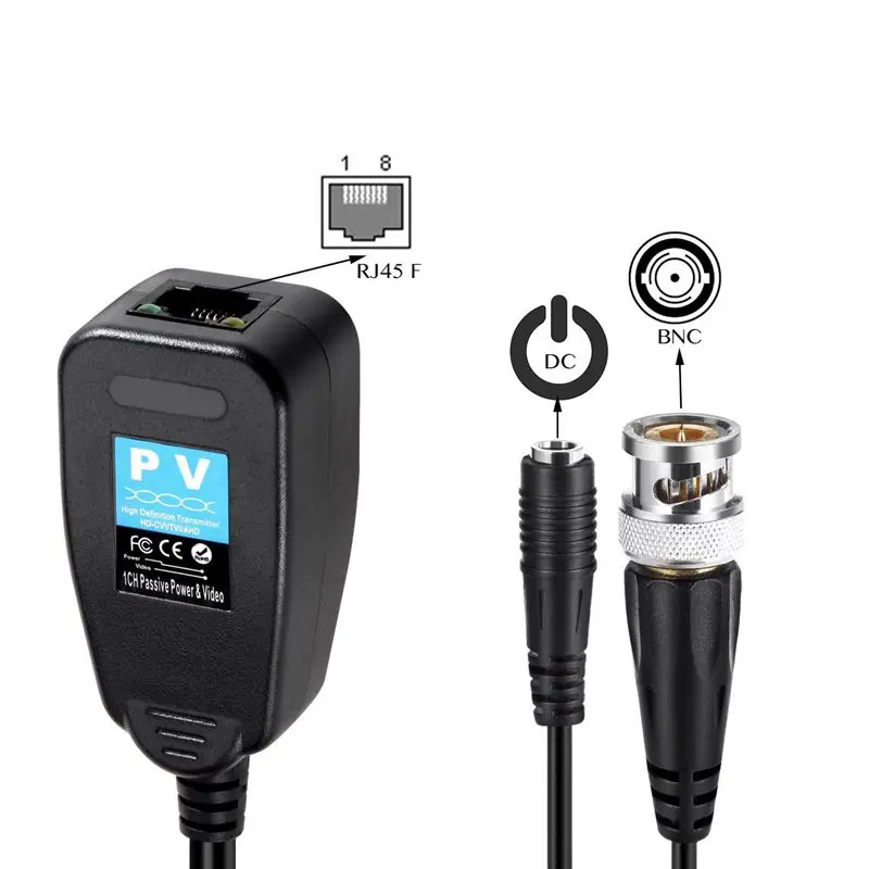 HD CVI/TVI/AHD пассивный видео балун с разъемом питания и RJ45 CAT5 передатчик данных 1