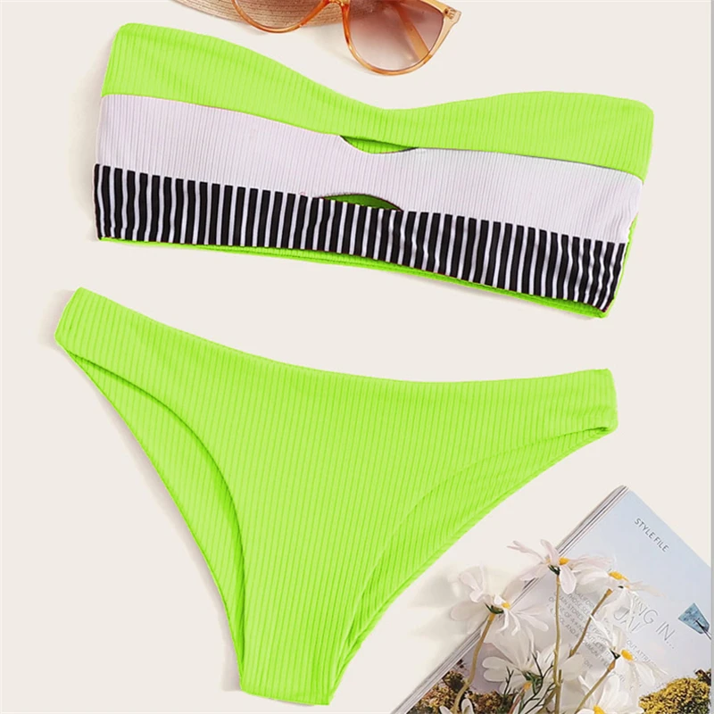 2020 New Stripe Swimsuit Women Strapless Bandeau Swimwear Padded Bralette Bathing Suit S-XL Girl Ribbe Bikini Set | Женская одежда