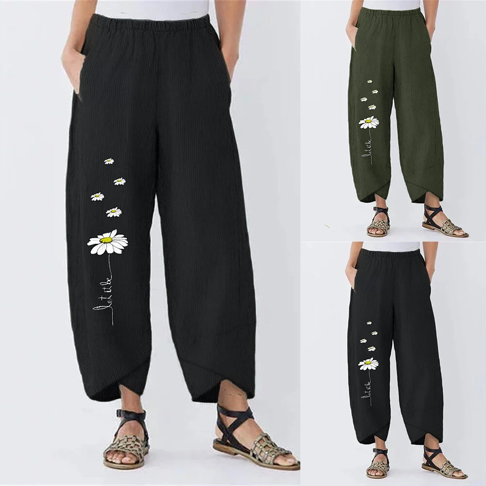 

Summer New Women's Pants Trousers Small Daisies Wide Leg Loose Pant Wide Leg Pants Loose Flower Print Trousers Ladies Pants