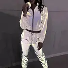Женский спортивный костюм из 2 предметов, светоотражающий укороченный топ и брюки, свободная блестящая куртка на молнии, брючный костюм размера плюс, 2019