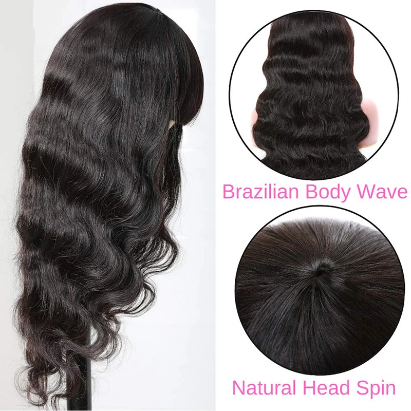 

Brazilian Bob Body Wave Wig Human Hair Wigs With Bangs For Women Full Machine Made Wigs Human Hair Black Weave Remy Hair 180%