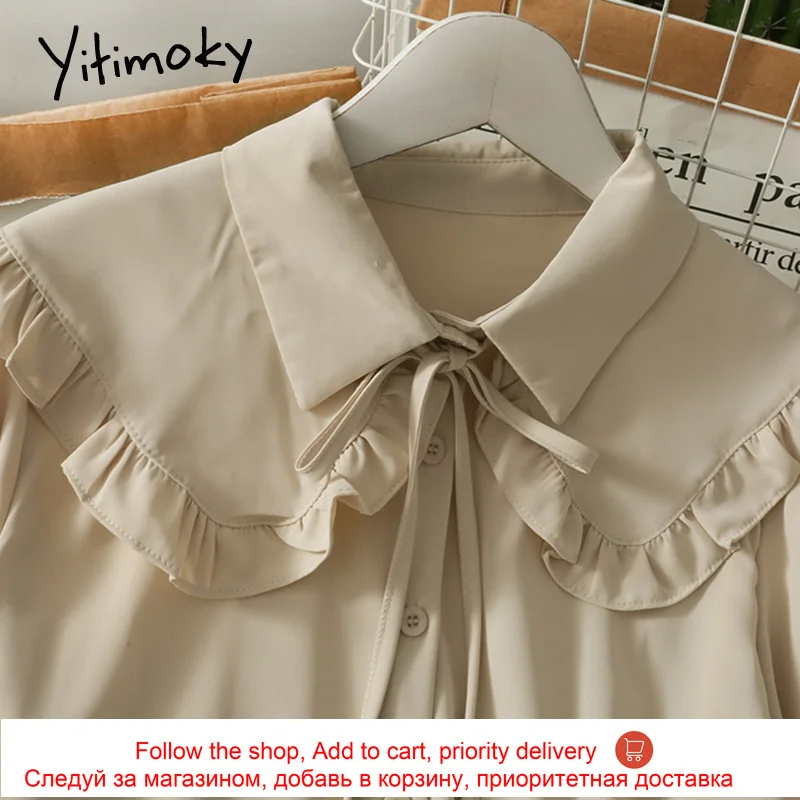 

Yitimoky Women Blouses Edible Tree Fungus Lace Up Peter Pan Collar Shirts Spring 2021 Fashion Long Sleeve Clothing Button Up Top